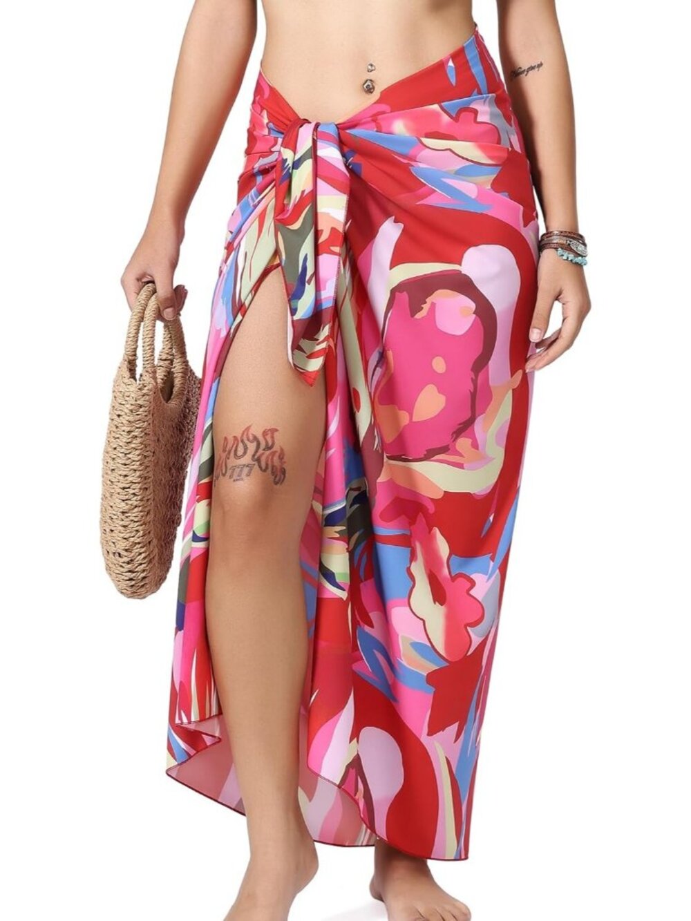 Women's Print Red Polyester Beach Sarong Chiffon And Sheer Bikini Wrap For Bath